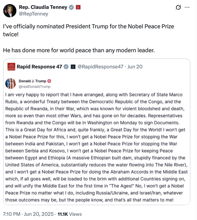 image of a tweet by Claudia Tenny announcing her nominaton of Trump for the Nobel Peace Prize
